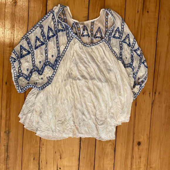 Free People Blue and White Embroidered Flowy Top - Picture 1 of 6